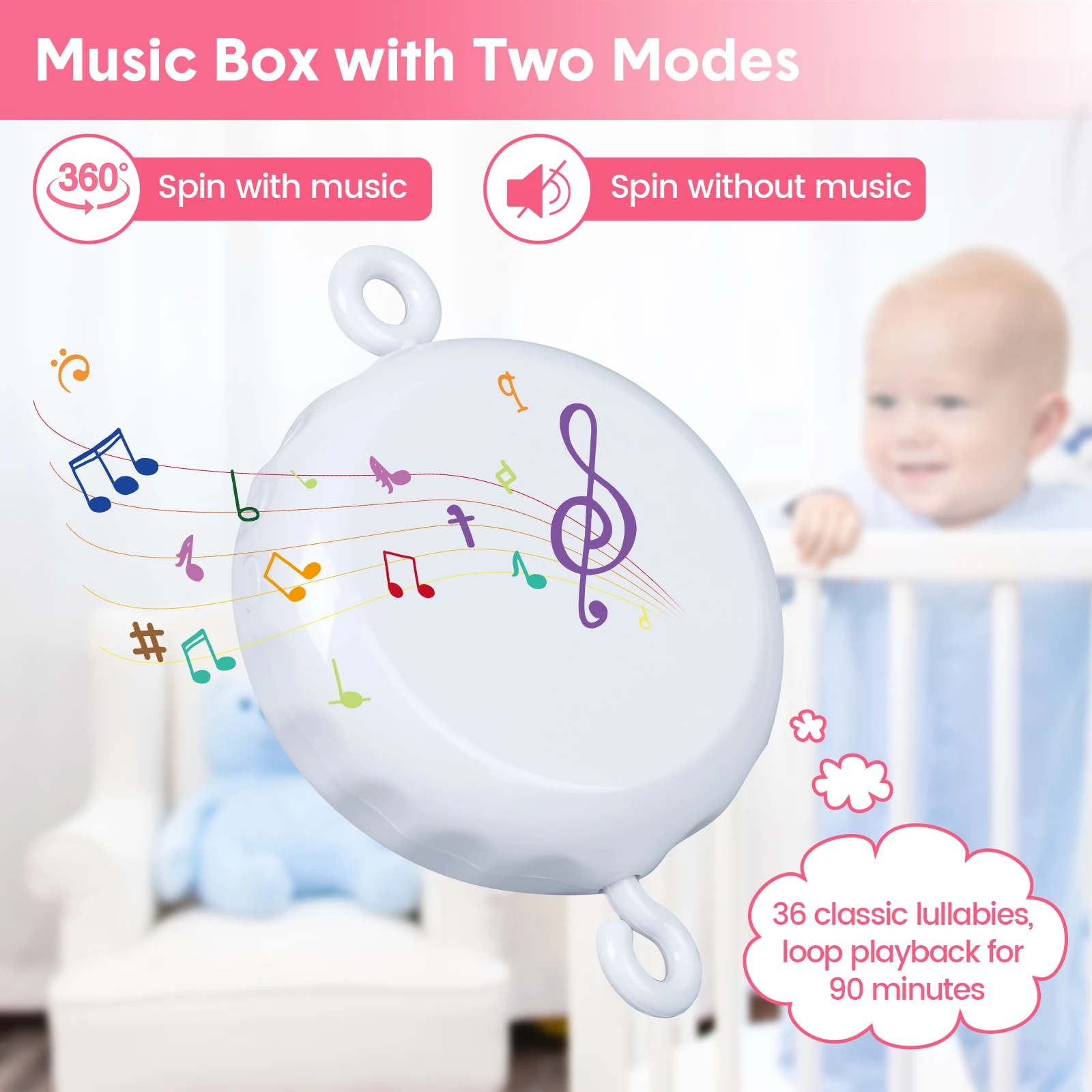 Baby Mobile for Crib with 2 Modes Digital Musical Box,Nursery Mobiles for Bassinet with Hanging Toys for Infants 0-6 Months Girl