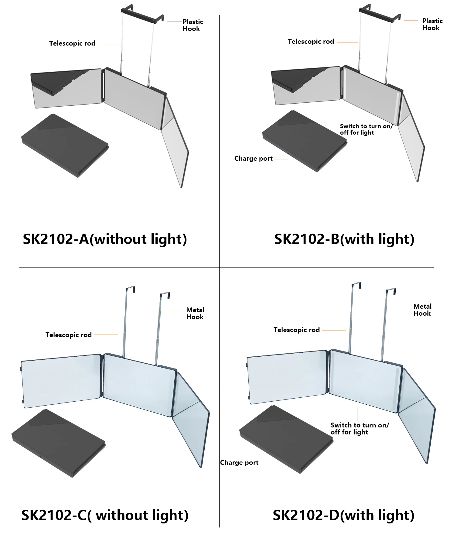 Missmeeca 3-weg Spiegel Zelfgesneden 360 Graden Spiegel Drievoudig 3-weg Glazen Spiegel Led Licht Zelf Kapsel Fullbody Kappersspiegel Huis