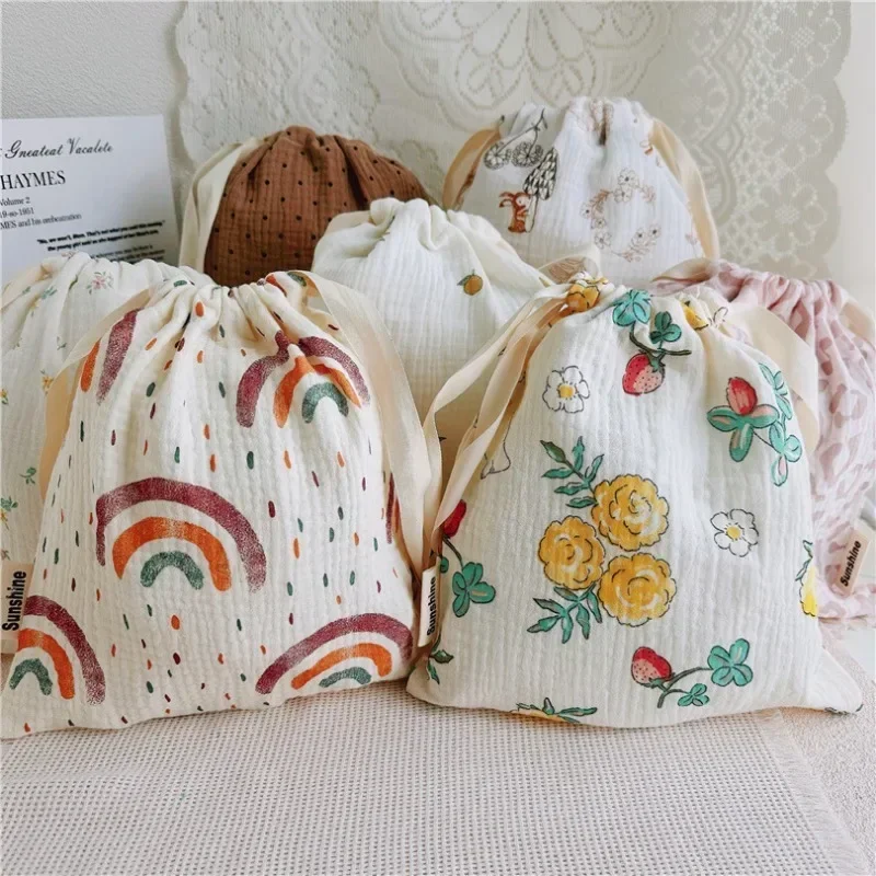 Natural Cotton Mommy Storage Bags Outdoor Baby Diaper Carrier Cute Sunshine Rainbow Printing Drawstring Pouches 27x25cm