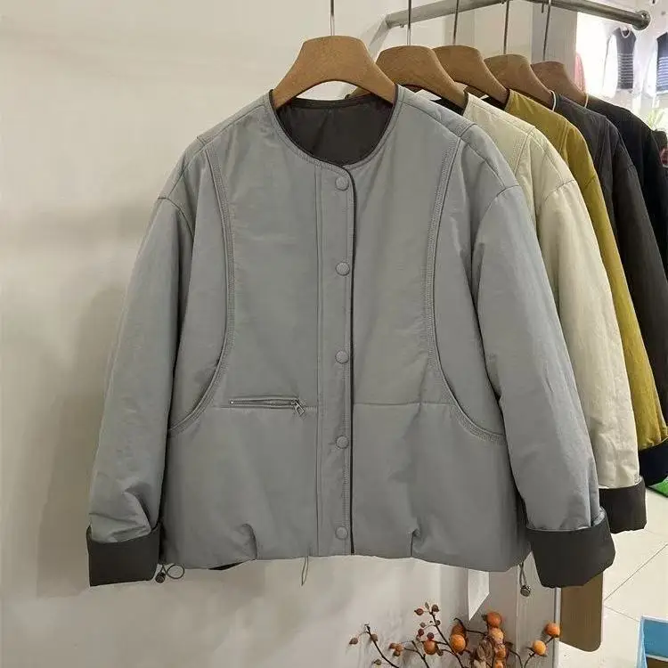 

Хлопковая короткая куртка с круглым вырезом для женщин зимы 2025 года, свободная и модная универсальная повседневная хлопковая куртка для женщин