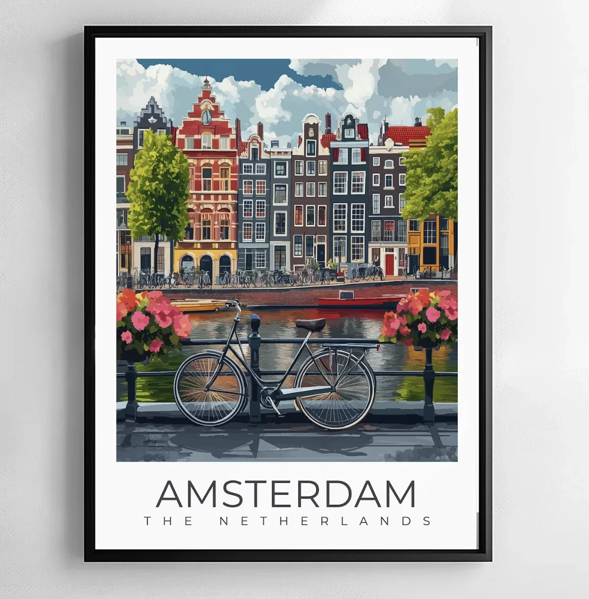 1pc frameless Canvas Painting Dutch Amsterdam City Canal Canvas Wall Art Prints Decor, Vintage Bicycle Flower Building Poster fo