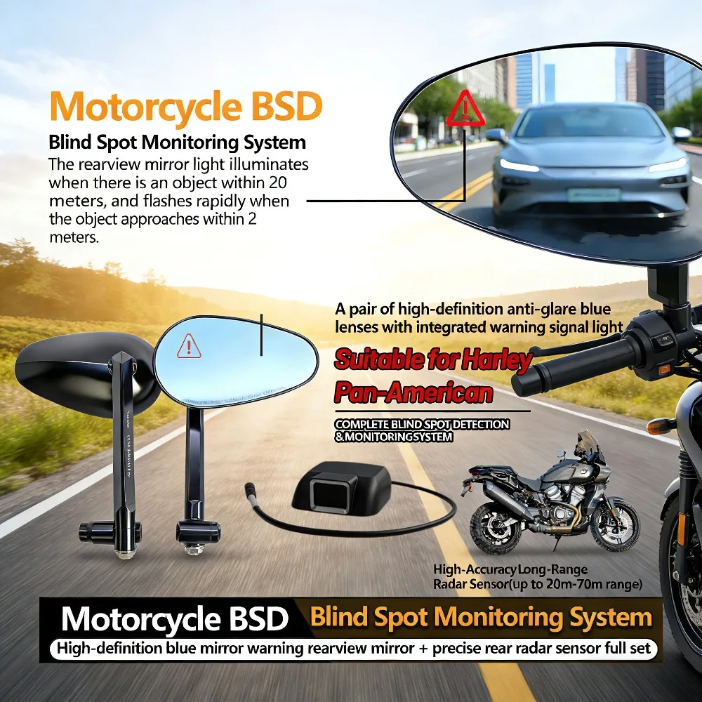 

2026 HD Anti-Glare HD Rearview Mirror for Harley Pan America, BSD Blind Spot Monitor & Millimeter Wave Radar Sensor Kit.