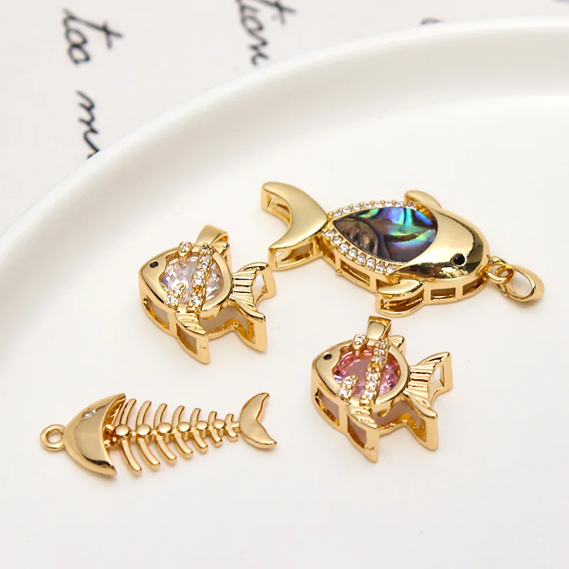 1pcs Copper Inlaid Zircon Shell Whale Fish Bone Small Goldfish Pendant Diy Jewelry Earrings Necklace Accessories Material Charms