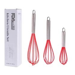 Manual Red Egg Beater Stainless Steel Silicone Balloon Whisk Cream Mixer Stirring Mixing Whisking Balloon Coil Style Egg Tools