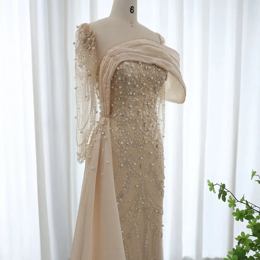 

Customize Elegant Champagne Off Shoulder Train Lace Muslim Evening Dress Beaded Pearl Formal Prom Gown Luxury Mermaid Wedding