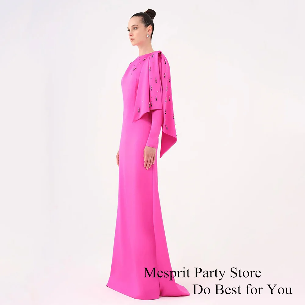 Fuchsia Prom Dress Saudi Arabian Party Dresses Customized Full Sleeves Stones Beadings Satin Formal Evening Gown Robe De Soiree