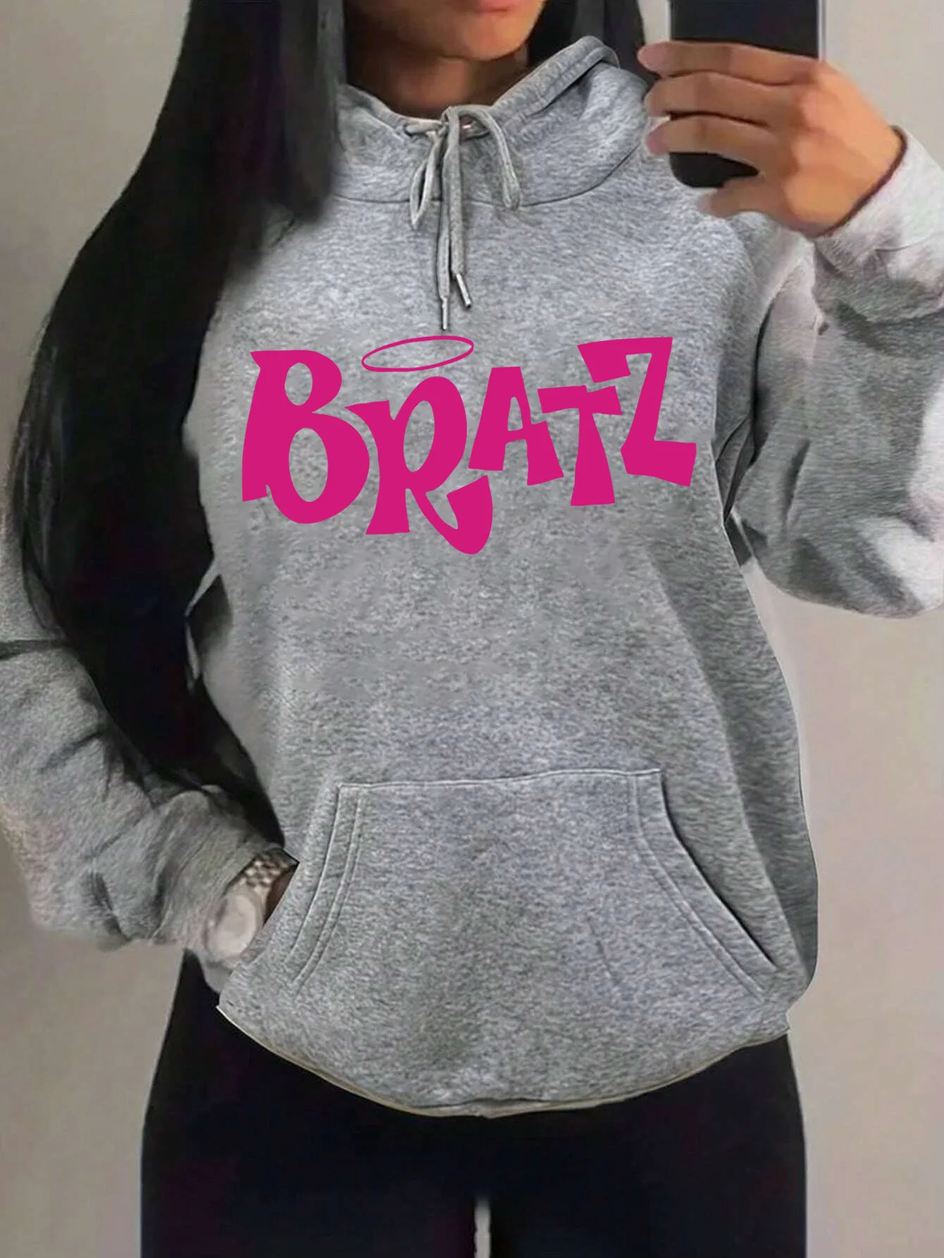 Newly Printed Letter Graphic Women's Hooded Sweatshirt with Creative Pockets for Street Casual Wear in Multiple Colors - Fall St