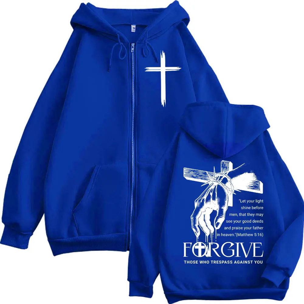 Christian Jesus Forgive Those Who Trespass Against You Zipper Hoodies Men's Women's Gothic Fashion Vintage Zip Up Sweatshirts