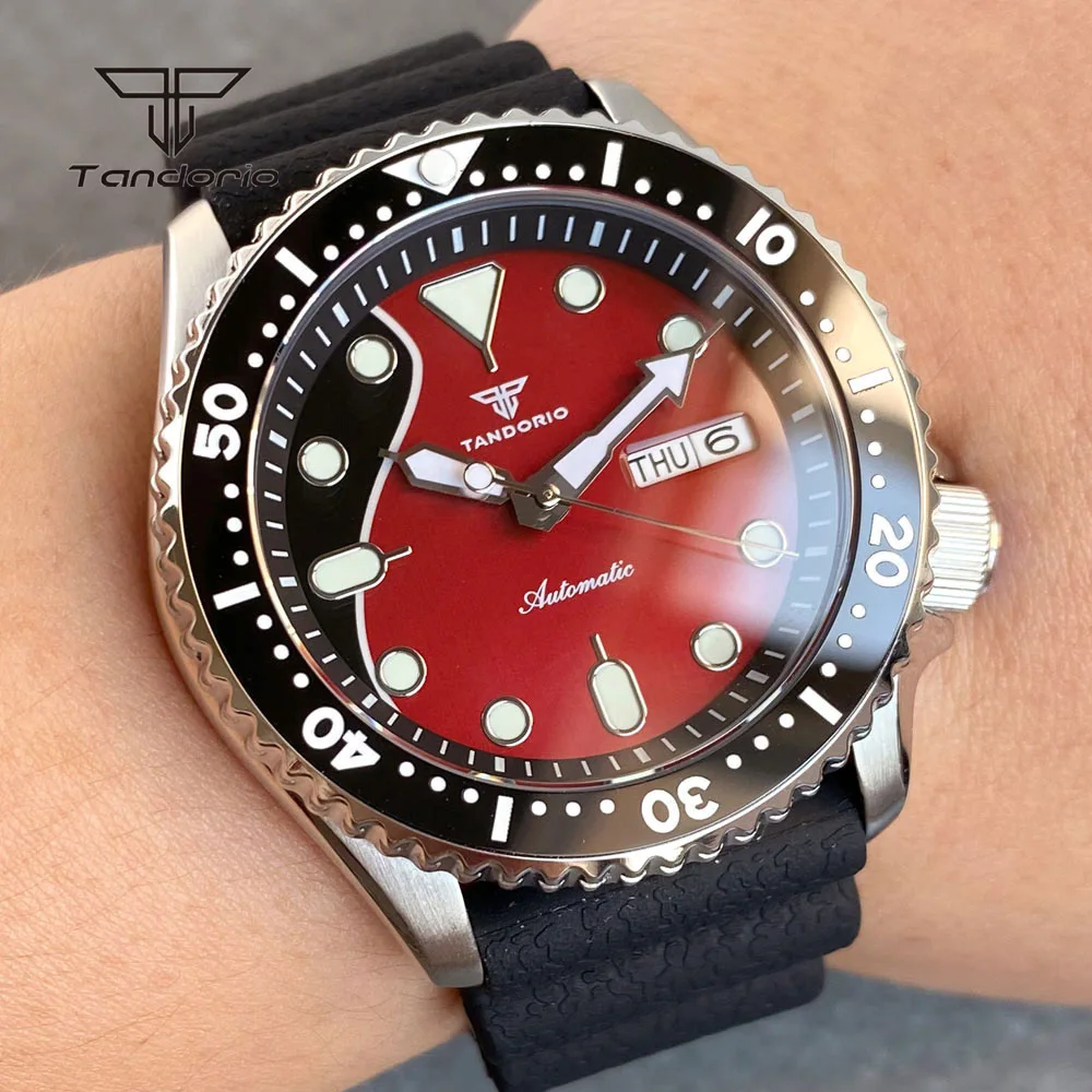 

Tandorio Automatic NH36 Diver 41mm Men Watch Black/Red Dial Sapphire 20ATM Double Date Skx Style Stainless Steel Watches Lume