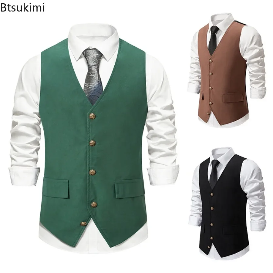 2025 Men's Medieval Retro Suit Vest Fashion Formal Dress Vest Men Casual Solid Sleeveless V-neck Jacket Wedding Party Waistcoat