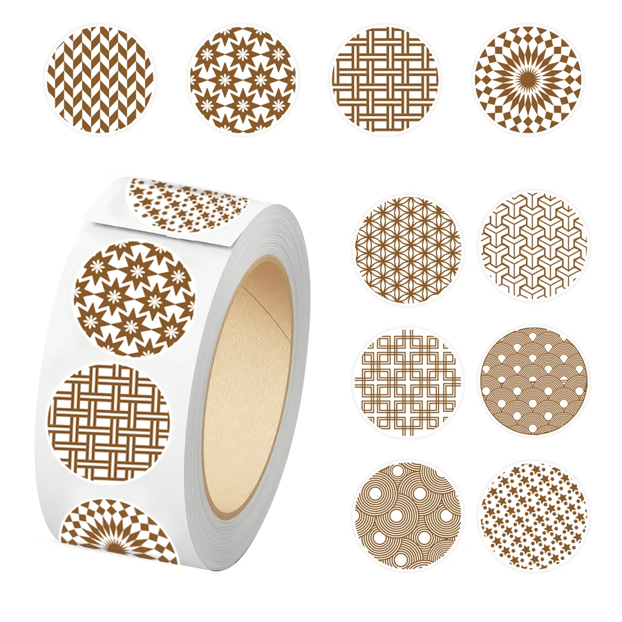 500 Pcs Brown Geometric Pattern Round Stickers Roll, Printed Decorative Circle Labels for Packaging, Envelope Sealing