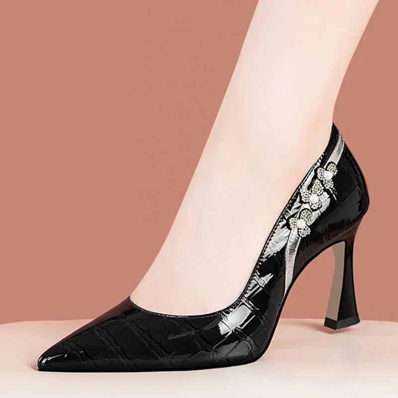 

Women Fashion Black Patent Leather Spring Slip on Stiletto Heels for Office Lady Red Comfort Party Pumps Sapatos Femininas B334