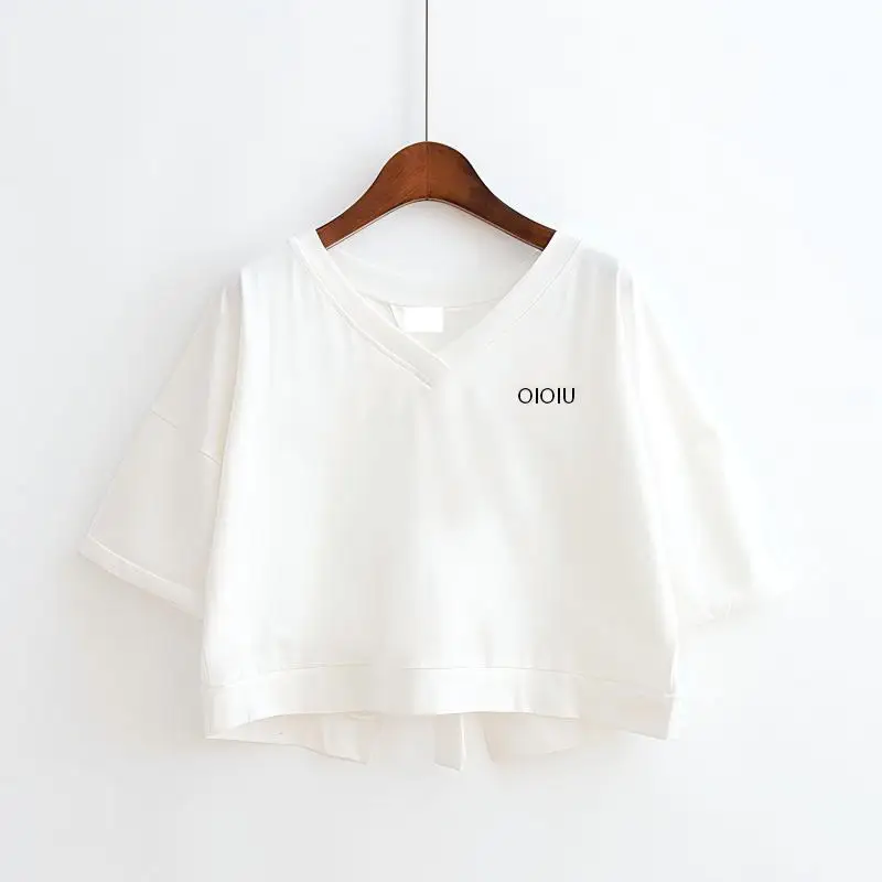 2026 Summer Solid Color Backless Seamed Split V-Neck Loose Short Top for Women, Student Tie-Strap Short Sleeve T-Shirt
