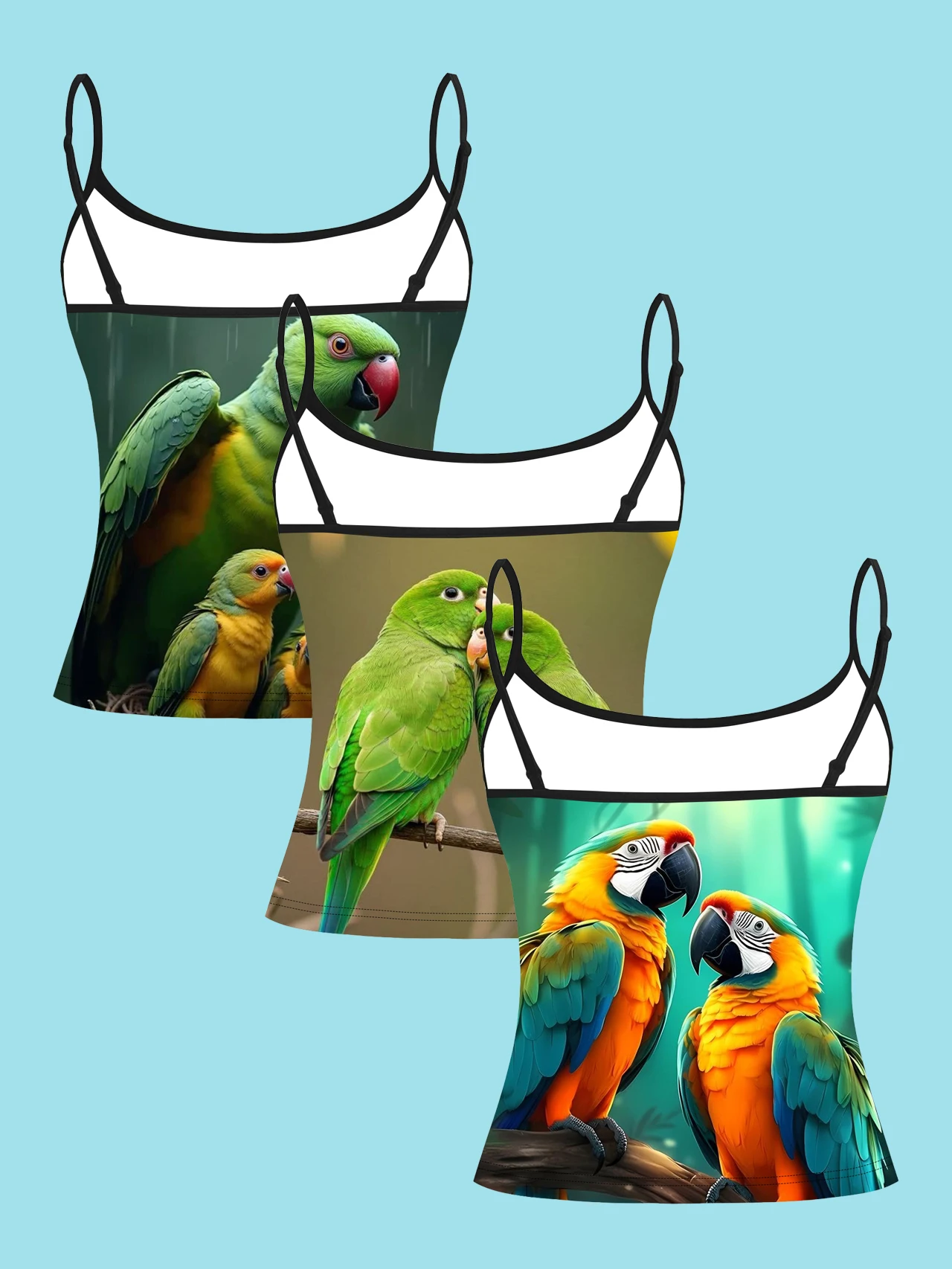 3-Pack Women's Tropical Parrot Print Camisole, Jungle Style Macaw Multicolored Bird Slim-Fit Spaghetti Strap Sleeveless Base Top