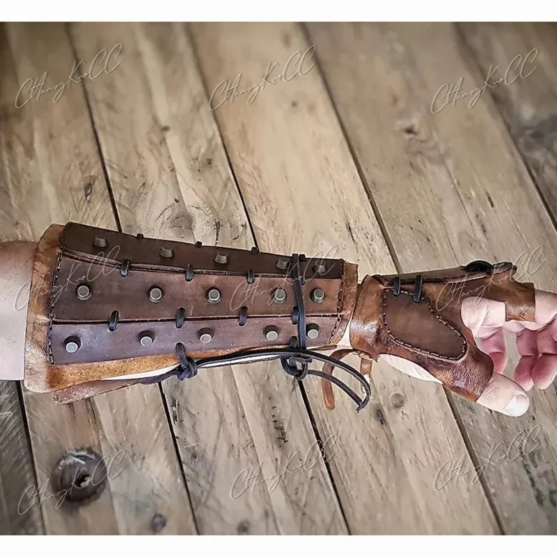 Steampunk średniowieczny PU skóra Bracer długie rękawiczki rękawica samuraja rycerza pirata zbroja dla mężczyzn LARP akcesoria Cosplay