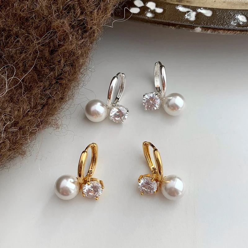 Pearl Zircon Earrings for Women Gold Silver Color Ear Cuff Dangle Hoop Earrings Copper Alloy Dainty Bridal Jewelry Gift for Her - view 5