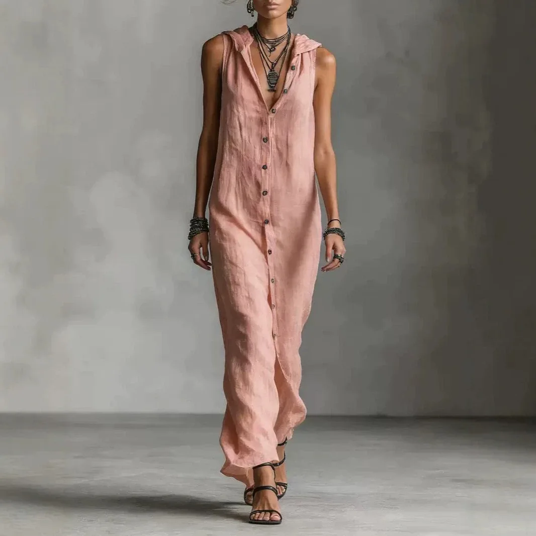 Fashionable Sleeveless Travel Dress Women's Single Button Long Dress Polyester Loose Waist Soft Polyester Non-Stretch Splice ...