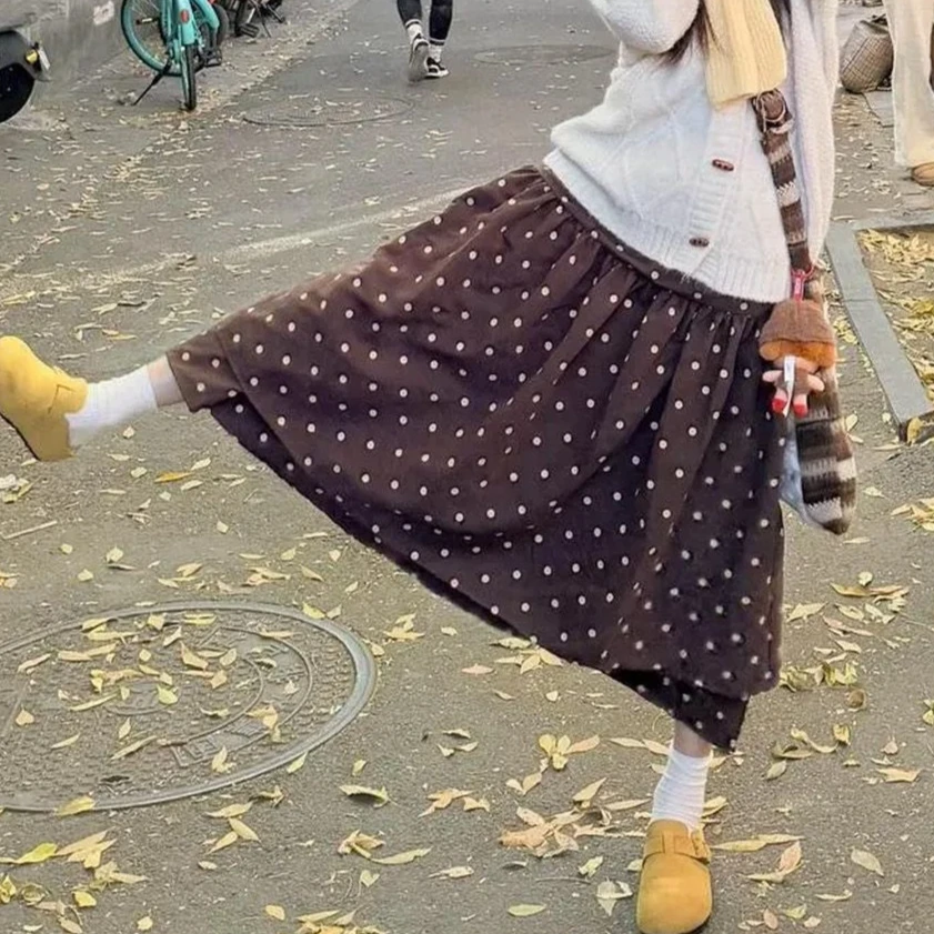 

Весенне-осенняя новая женская юбка средней длины, свободная юбка трапециевидной формы с высокой талией и волнистой точкой