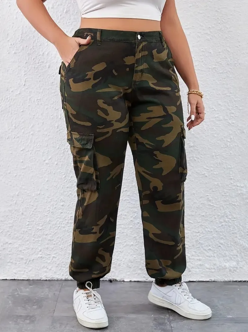 

Women's non-elastic rubber-retracted foot side pockets Multi-color washing camouflage sports and casual work jeans