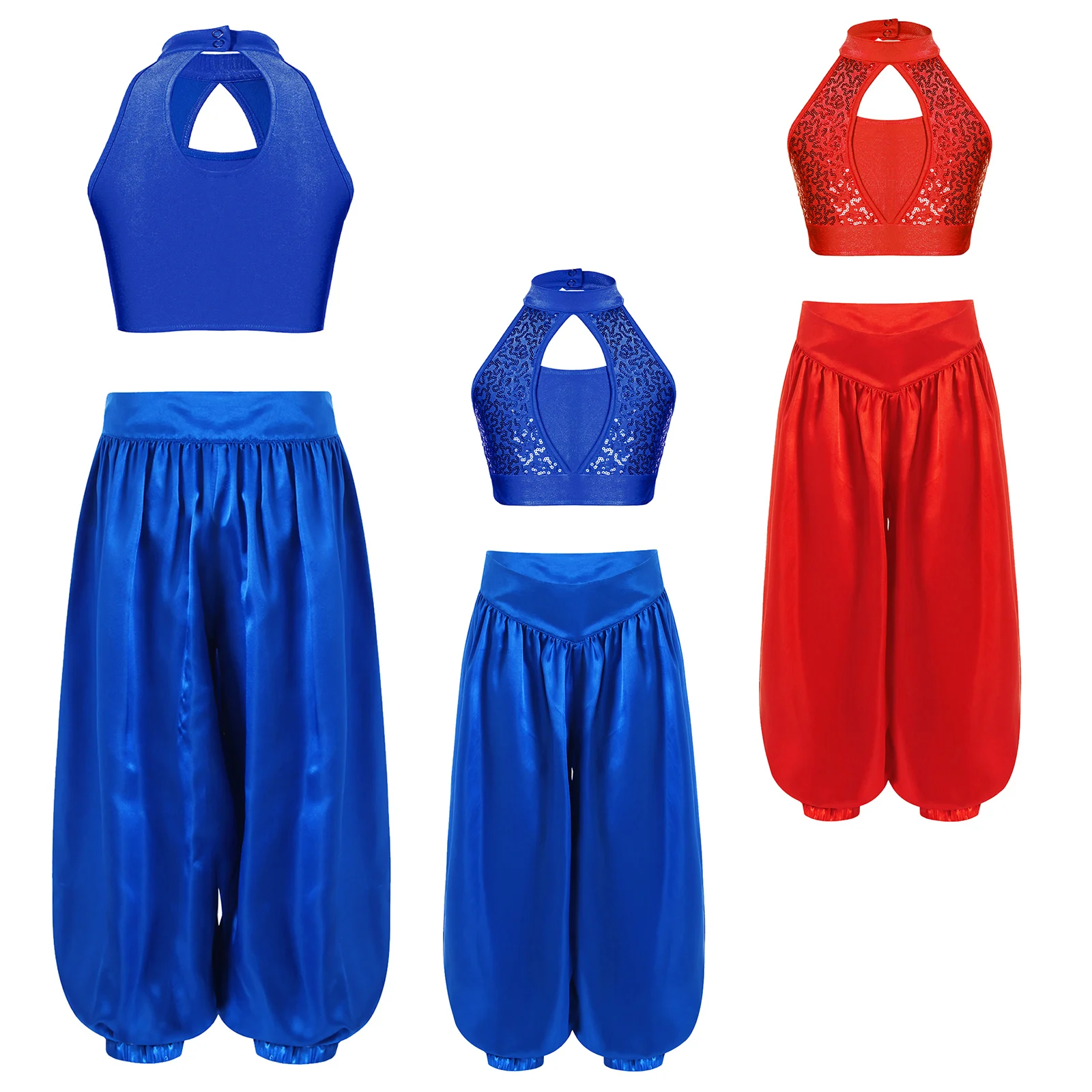 الفتيات Dancewear مجموعات الاطفال أكمام الترتر أزياء الرقص الشرقي المحاصيل الأعلى + البنطلونات السراويل أداء الرقص الشرقي وتتسابق