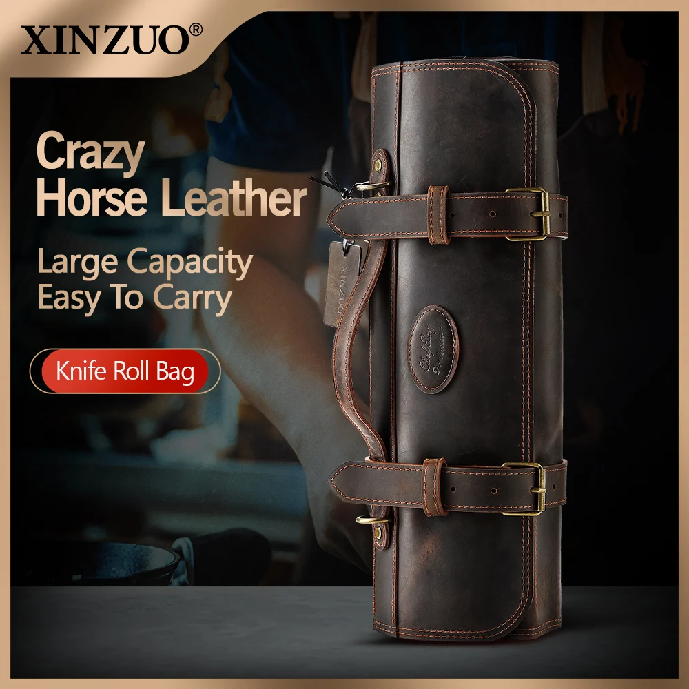 

XINZUO Chef Knife Roll Bag High-quality Crazy Horse Leather Kitchen Knives Storage Roll Bag Camping Carry Case Pockets Pouch