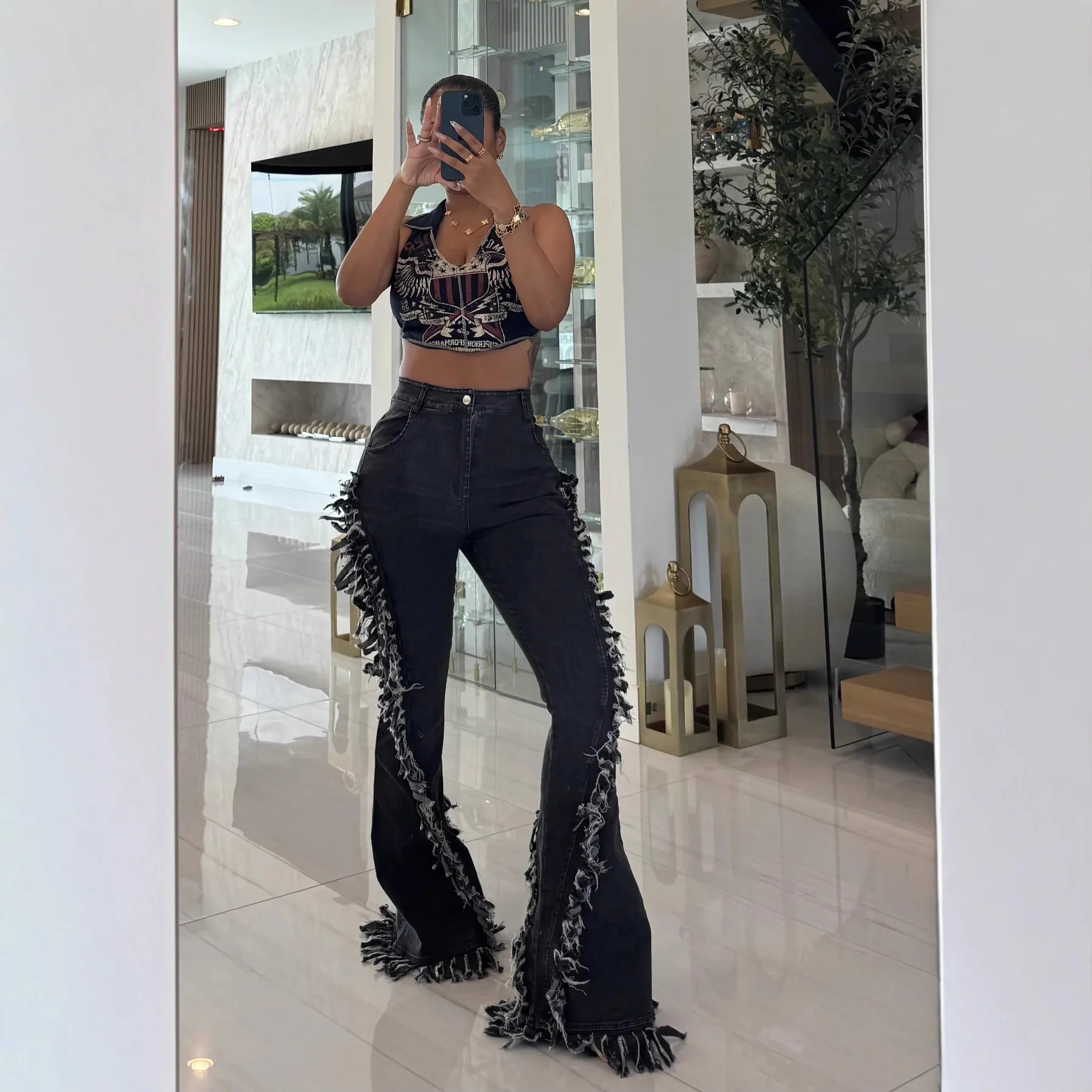 Distressed Fringe Denim Flared Pants for Woman 2026 Fall Clothes Streetwear Stylish Female High Waist Frayed Stretch Jeans