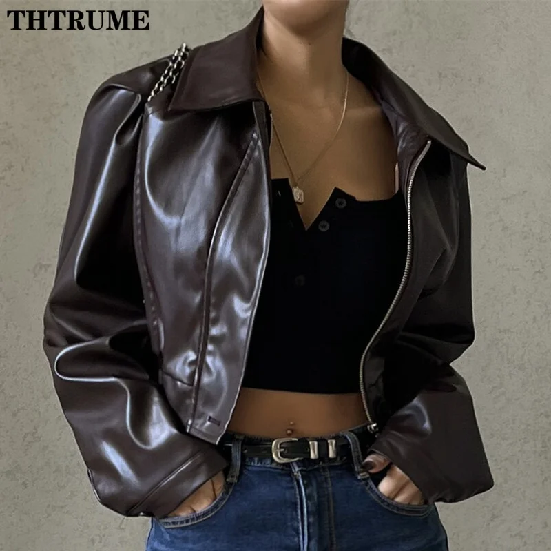 Fashion Women Chic Jackets Elegant Street Leather Lapel Vintage PU 2024 New Zipper Coats Casual Streetwear Autumn Pocket Jacket