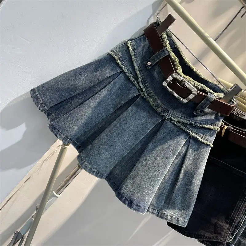 

Korean Version 2024 Autumn New Dark Blue Sexy Spice Pleated Denim Skirt Small A-line Skirt Women's Clothing High Waist Denim