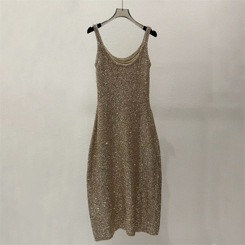 New Summer Style High-QualityFashion RetroSequin Knitted SuspenderDress Women's Elastic Slim Fit LinenBlend SleevelessLong Dress