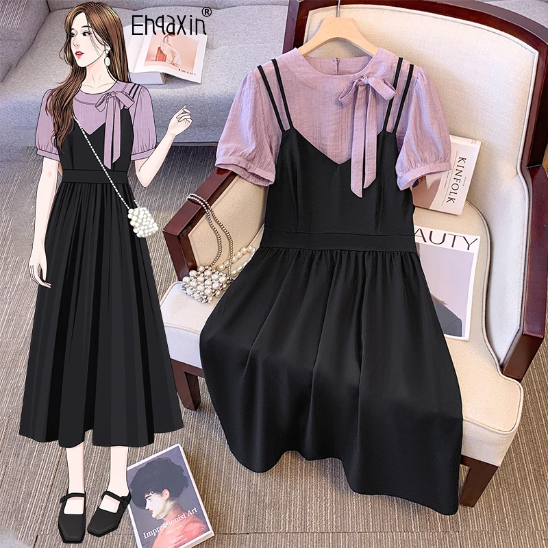 

EHQAXIN 2024 Summer Women's Dress Set New Bow Tie Short Sleeved Shirt+Black Elegant A-Line Sling Dresses Set M-3XL