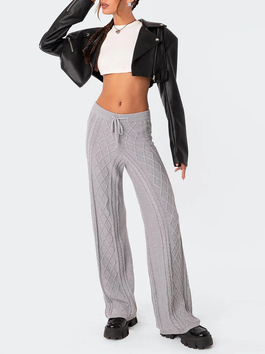 Frauen weites Bein gerippte Strick hose niedrige Taille Rhombus Palazzo Damen hose fallen Streetwear lässig Herbst Jogger