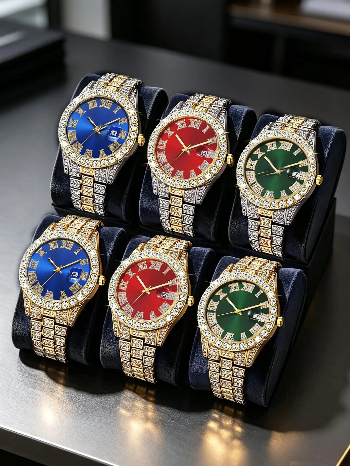 6-Piece Men's Premium Quartz Watch Set with Glass Crystal and Steel Bracelet