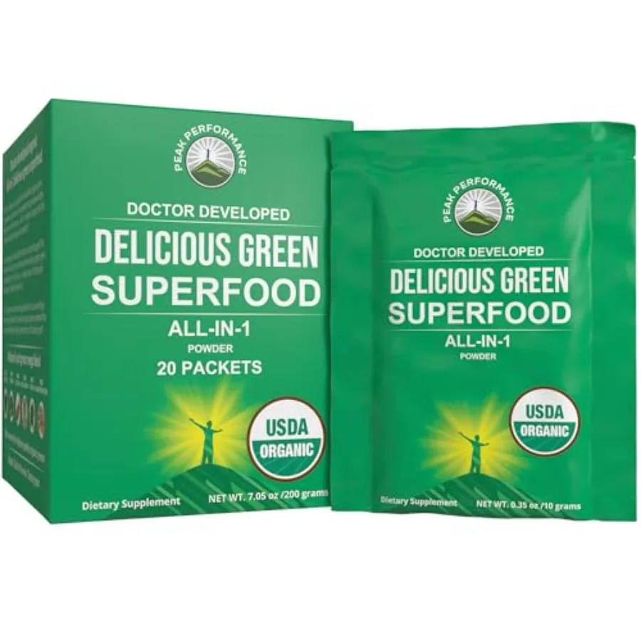 

Органический порошок суперфудов Peak Performance Greens в индивидуальных дорожных упаковках. Лучший по вкусу органический зеленый сок-суперфуд с