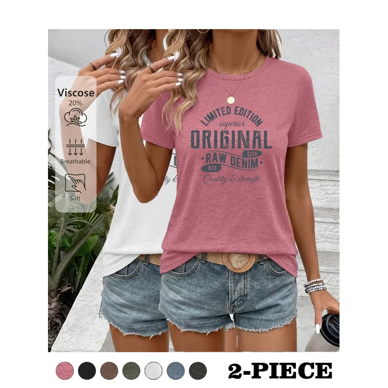 Two-pack Women's Round Neck Short Sleeve T-shirt Set, ORIGINAL RAW DENIM Vintage Slogan Print, Soft, Skin-friendly, Lightweight