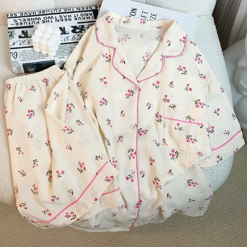 Fresh Sweet Little Flowers Print Women\'s Pajamas French Elegant Cloud Cotton 2pc Female Nightgown 2024 New Summer Y2k Sleepwear