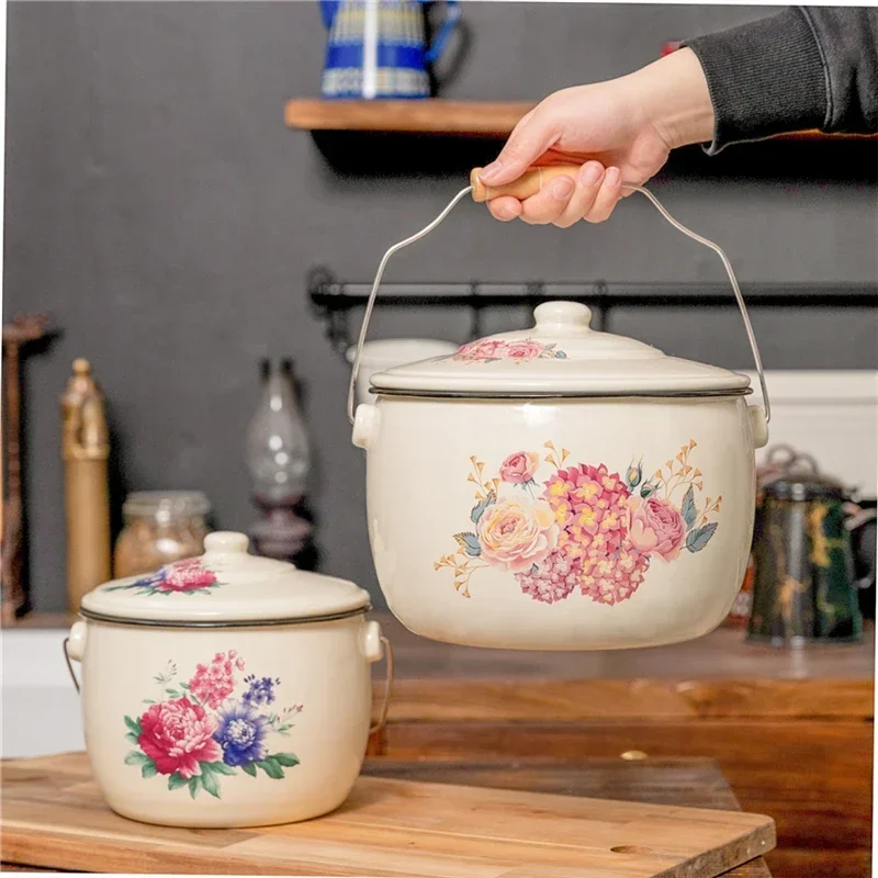 Enamel Storage Bucket Picnic Boiling Stew Pot Outdoor Large Capacity Beverage Ice Bucket Retro Flower Kitchen Storage Rice Jar