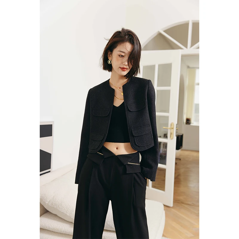 

Bla BlingBling ort Outerwear with Bag Cover Decoration Ele Ladylike Sle Polyester Wool Blend Casual Faion