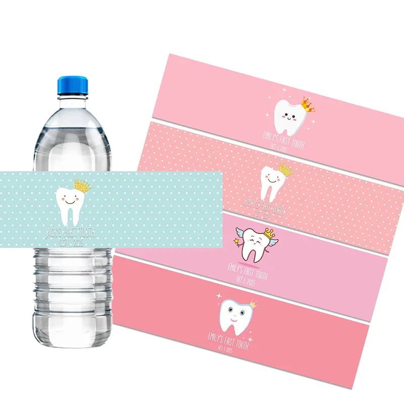 Custom Name Baby Girl Boy First Tooth Party Decor Label Stickers Water Bottle Labels Personalized Birthday Baby Shower Decor