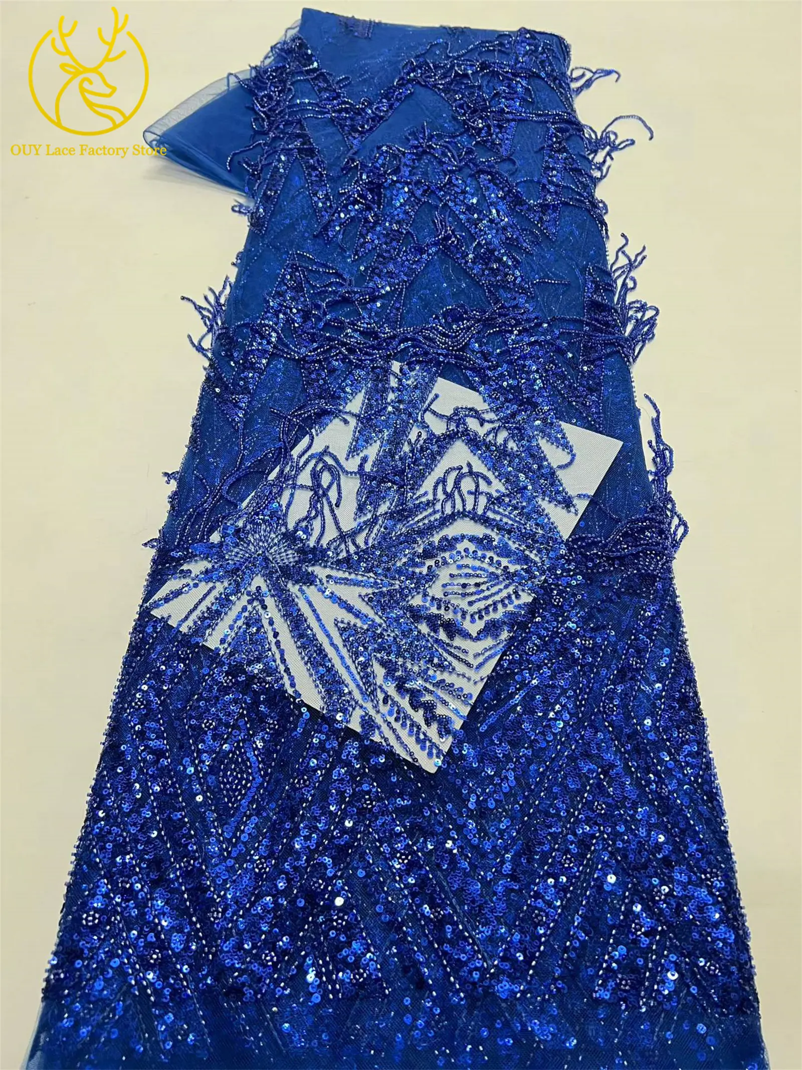 Luxuriöse französische goldene 3D-Hängeperlen-Spitze, hochwertiger afrikanischer Tüll-Pailletten-Spitzenstoff für nigerianische Hochzeitskleider zum Nähen – Detail 12