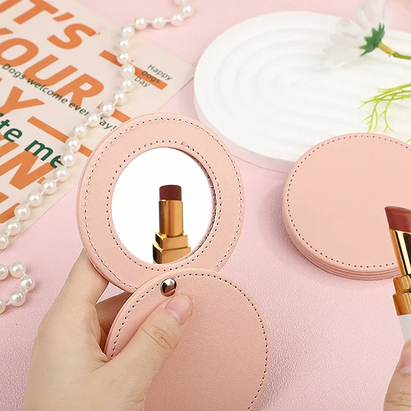 Mini espelho compacto portátil inquebrável de aço inoxidável com manga de couro PU para bolsa de bolso espelho de maquiagem de viagem