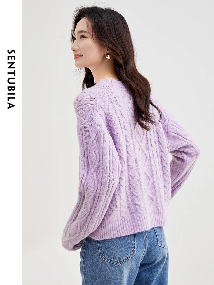 SENTUBILA Argyle Vintage Knitted Sweater 2024 Spring Purple Casual O-neck Long Sleeve Knit Top Straight Loose Jumper W34E52249