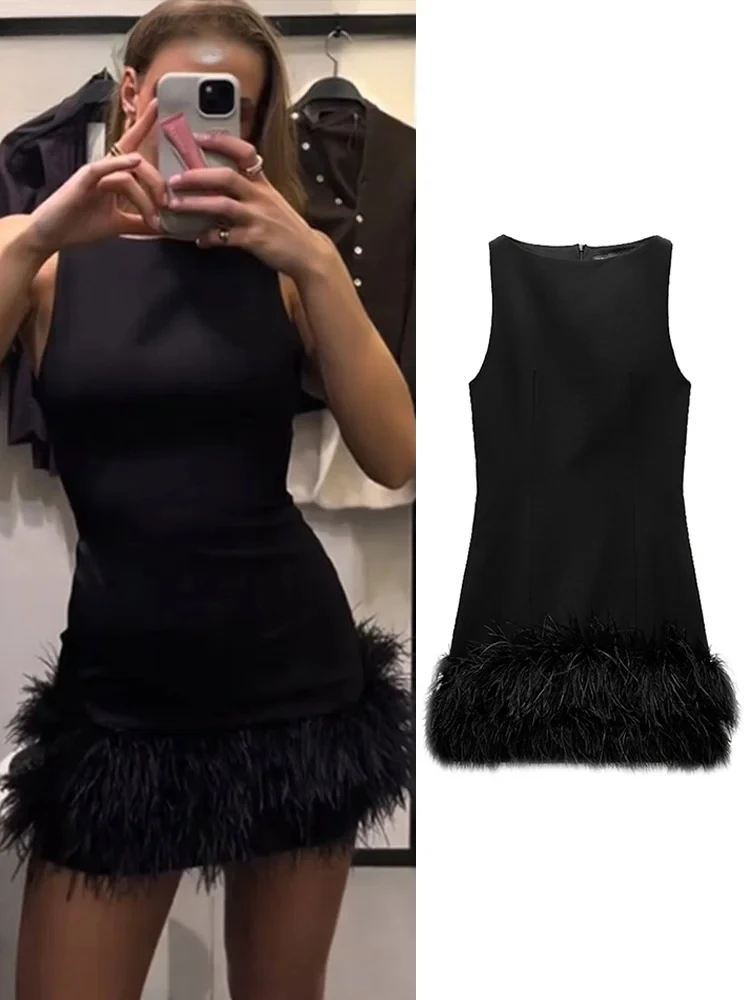 Elegante vestido de pele preta sem mangas feminino fino retalhos cintura alta vestidos retos moda sem costas o pescoço sólido robe