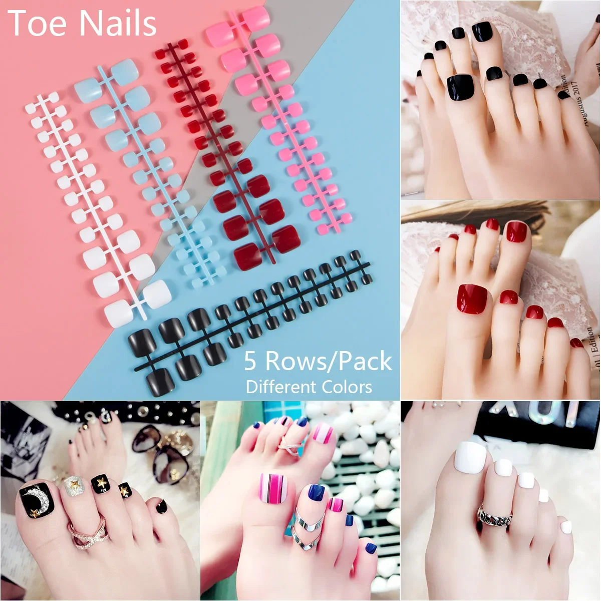 

Mixed 5 Colors Fashionable Foot False Nails Fake Nails Candy Color 24 Pcs/row Exploston Models Foot Toe French Nails Art Tips