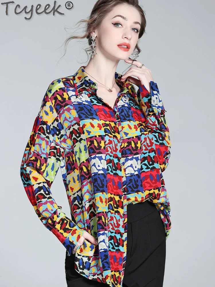 Tcyeek 100% Real Mulberry Silk Shirt Elegant Shirts for Women Summer Clothes Vintage Womens Tops Mid-long Style Рубашка Женская