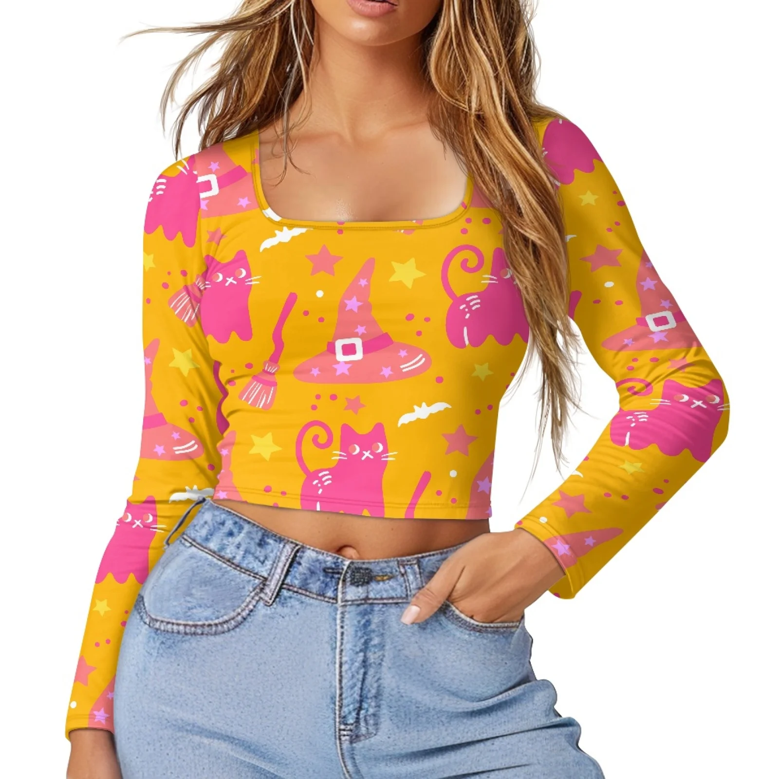 Feminino halloween desenhos animados estampas pescoço quadrado magro feminino bottoming casual manga longa topos versátil moda multi-cor blusa