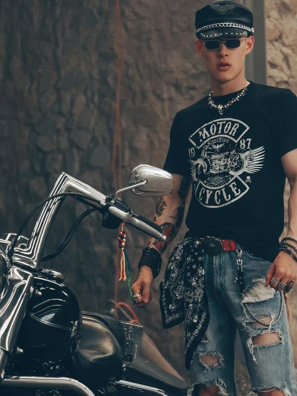 2026 Hipster T-shirt Hipster Men It Short Sleeve Europe and America Hip Hop MMJ Skull Punk Rock Punk Scooter Riding Motorcycle