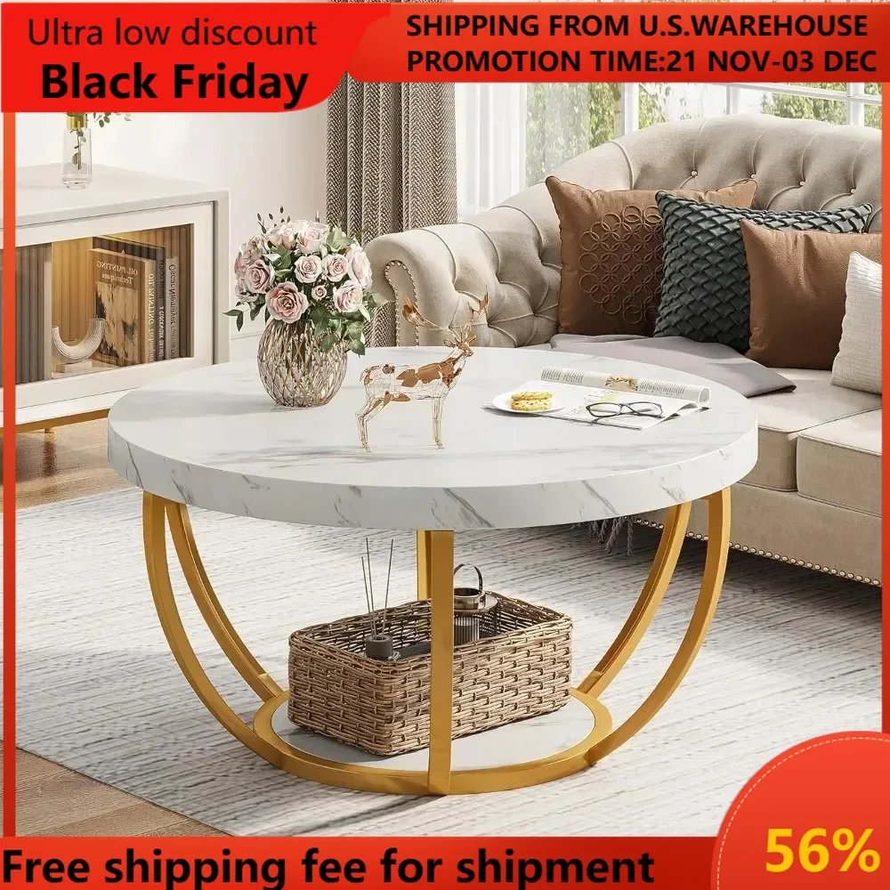 Modern Coffee Table, 2 Tier Round Coffee Table with Faux White Marble and Golden Metal Legs, Circle Center Table Tea