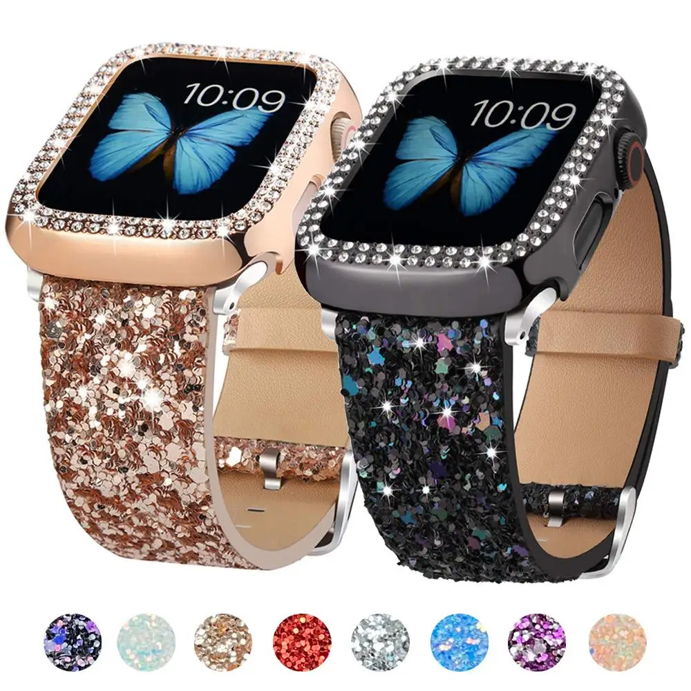 

Luxury Glitter Strap for Apple watch band Ultra 49mm 45mm 41mm 40/44mm 42mm 38mm Bling Leather Woman Bracelet iWatch 9 8 7 6 5 4