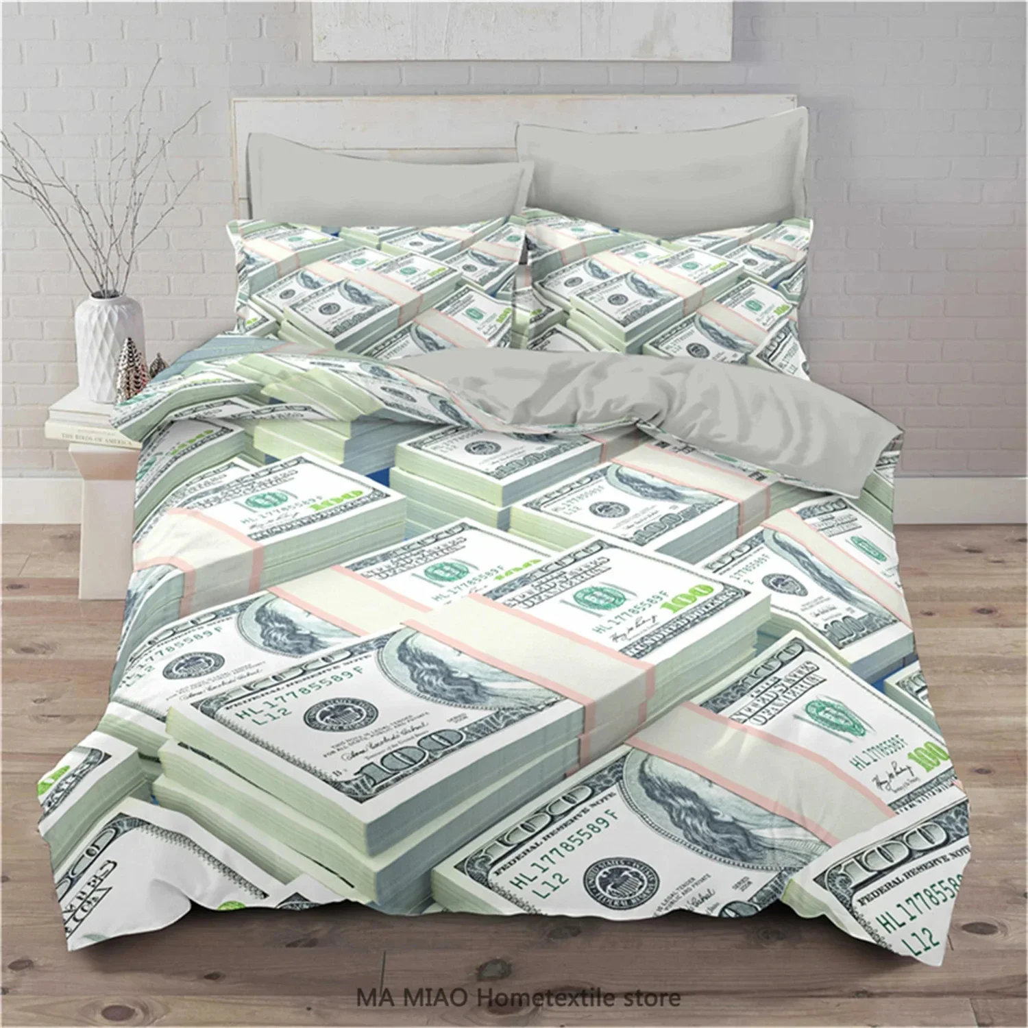 3D Modern Bedding Set Dollar Motif Printed Duvet Cover Vivid Comforter Cover 3 Pieces Money Maths Pattern Funny Soft Bed Set