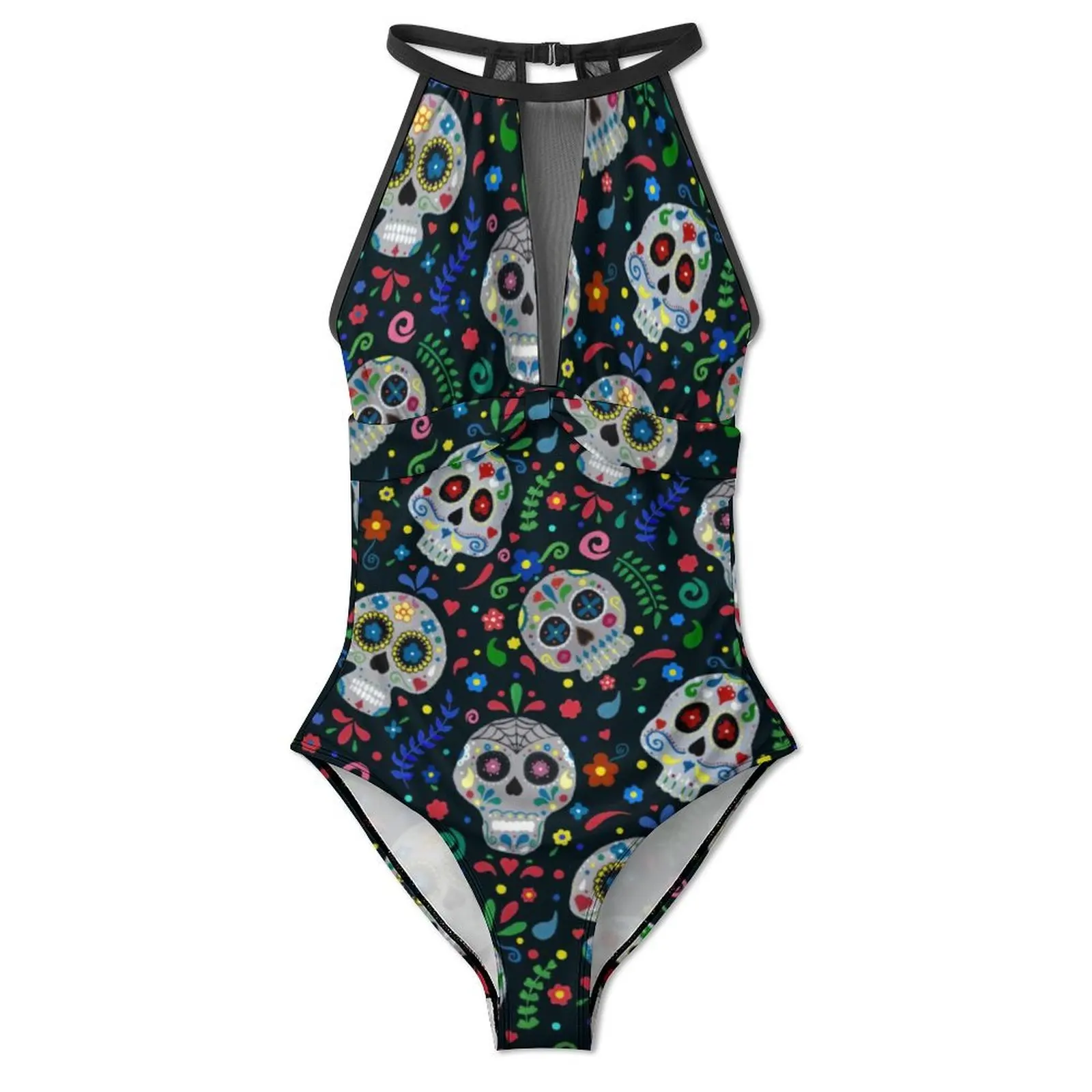 Swimwear de uma peça de impressão floral, maiôs push up, moda praia elegante, caveira de açúcar sexy, dia de los muertos